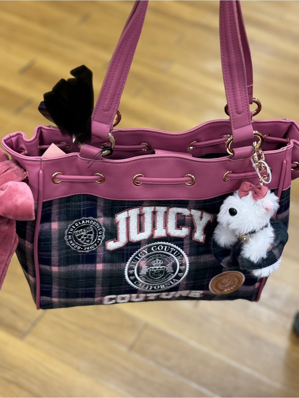 Juicy Couture Pink Plaid Tote Bag with Plush Charm